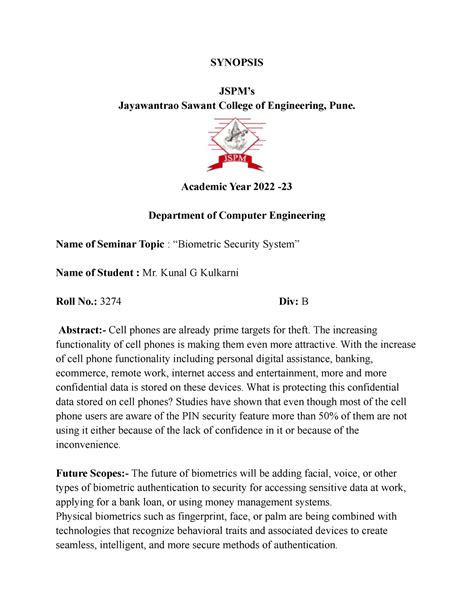 3274-Biometric Security System - SYNOPSIS JSPM’s Jayawantrao Sawant