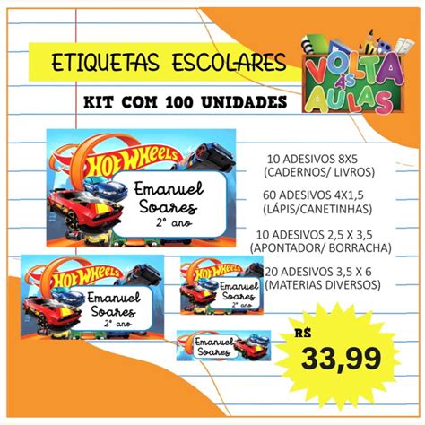 Kit Etiquetas Escolares Personalizada Hot Wheels Elo