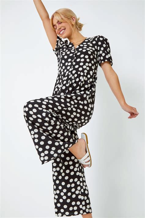 Black Polka Dot Print Culotte Jumpsuit Roman Uk