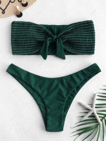 56 OFF 2021 ZAFUL Smocked Tied Bandeau Bikini Set In MEDIUM FOREST GREEN ZAFUL
