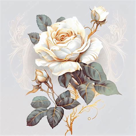 Premium Photo A White Rose With Green Leaves And A Gold Design On It