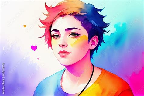 Watercolor Portrait Of A Lesbian Girl With Rainbow Colored Hair Generative AI Stock