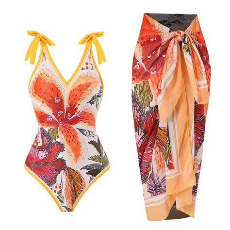 Qolati Bikini Sets For Women One Piece Floral Bathing Suit With Beach Cover Up Wrap Skirt