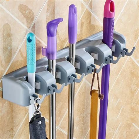 5 Position Mop Broom Holder Wall Mounted ABS Plastic Mop Holder Broom ...