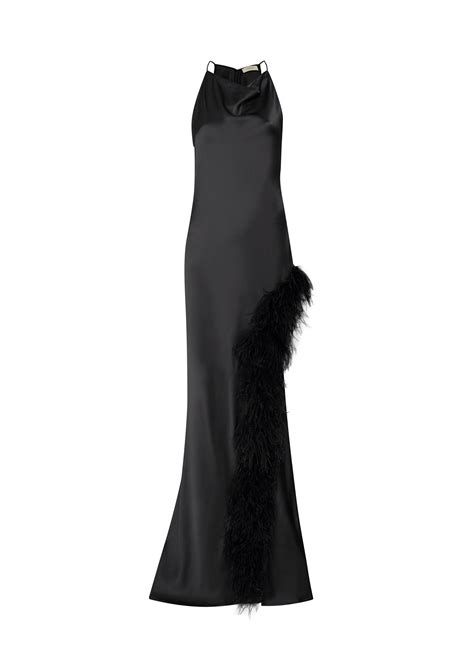 Satin Halter Gown With Feathers in Black Black and Neutral | LAPOINTE