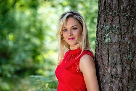 Beautiful Blonde Woman Portrait On A Forest Background Stock Image Image Of Hair Elegance