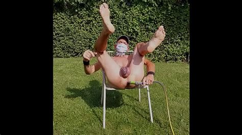 Naked Slave Exposed In Penis Cage Got Enema And Fucks Himself With Dildo Cucumber Banana BDSM