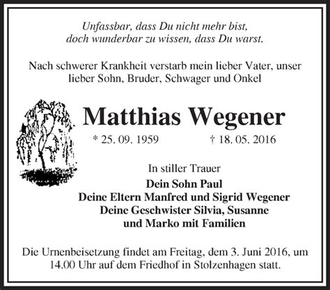 Traueranzeigen Von Matthias Wegener M Rkische Onlinezeitung Trauerportal