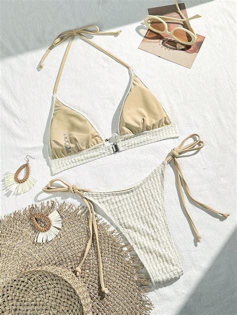 SHEIN Swim Women S Solid Texture Bikini Set String Two Pieces Bikini Set Swimwear Bathing Suit