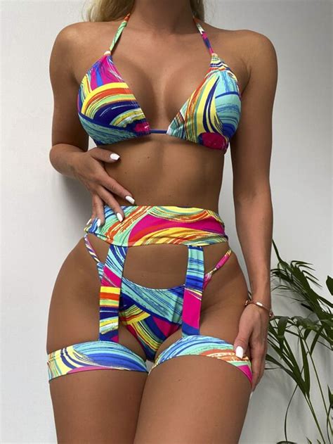 Shein Swim Vcay Ba Ador Bikini Tri Ngulo Halter Con Estampado Con Con