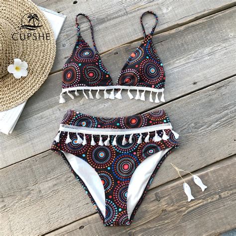 CUPSHE Tribe Fireworks Print Tassel Bikini Sets Women Triangle Bra High