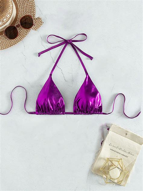 Shein Swim Bae Metallic Halter Triangle Bikini Top Shein Usa