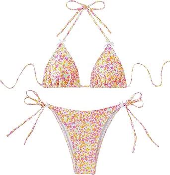 Amazon Shenhe Women S Piece Swimsuit Floral Print Halter Tie Side Triangle Bikini Set