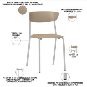 Cadeira Empilhável Fixa Atom F02 Base Aço Cinza Nude Lyam Decor Cadeiras Recepcao Lyam Decor