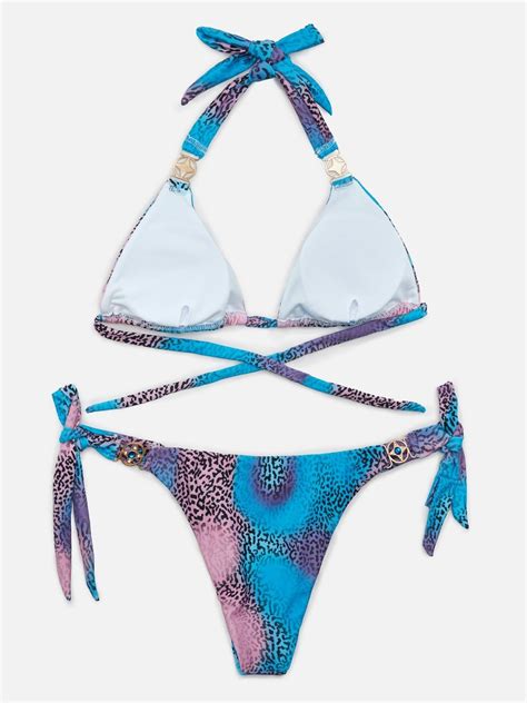 Emmiol Envío gratis Conjunto de bikini de leopardo halter con decoración de metal Azul L de