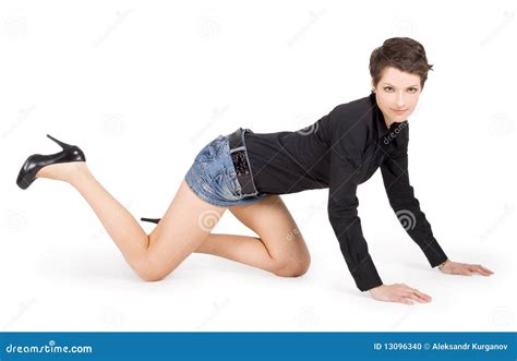 Picture Of Lovely Brunette In Denim Skirt Stock Photo Image Of Heels Babe 13096340