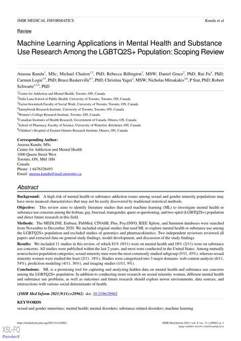 PDF Machine Learning Applications In Mental Health And Substance Use Research Among Lesbian