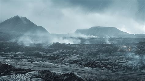 Barren Lava Fields Steaming In Light Rain With Volcanoes In Background