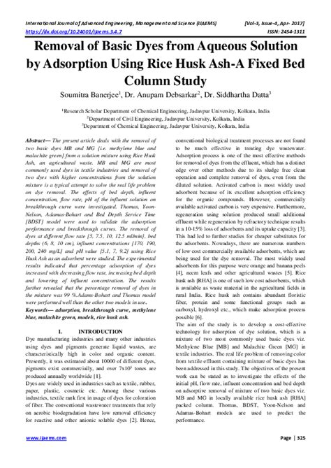 Pdf Removal Of Basic Dyes From Aqueous Solution By Adsorption Using Rice Husk Ash A Fixed Bed