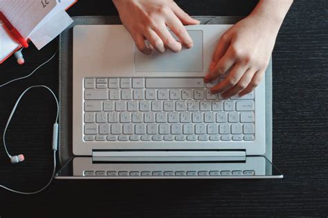 Top View of Using Laptop on Wooden Table Stock Image - Image of ...