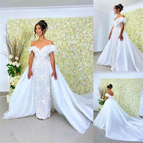 Luxury Off Shoulder Mermaid Overskirt Wedding Dress With Flower