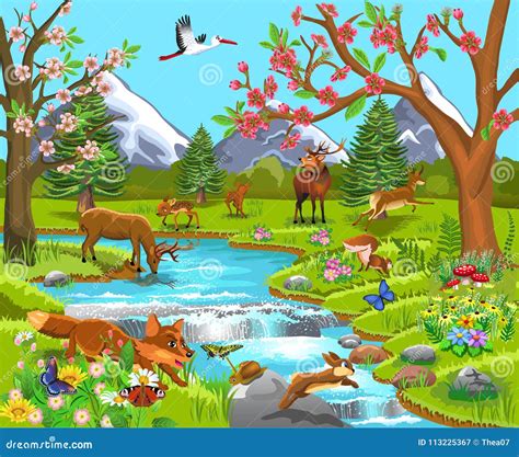 Cartoon Illustration Of Wild Animals In A Spring Natural Landscape