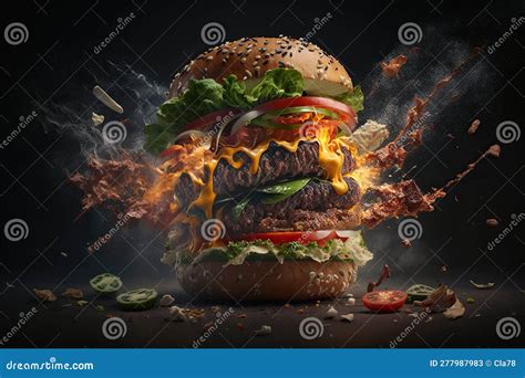 Delicious Hamburger With Flying Ingredients Ai Generative Illustration