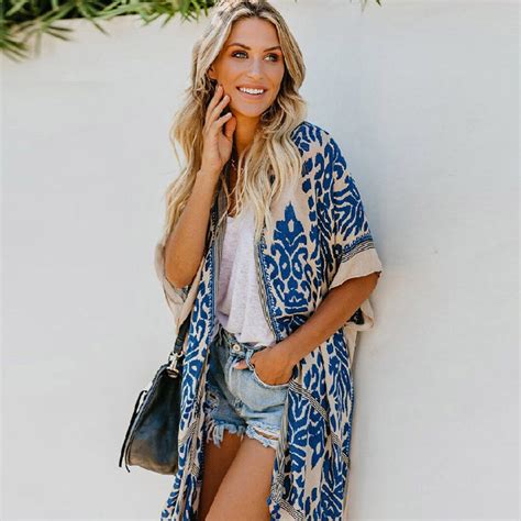 Boho Bikini Cover Ups Bohemian Printed Plus Size Kimono Cardigan Cotton