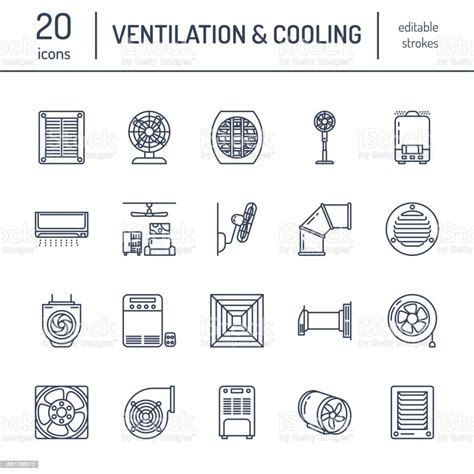 Ventilation Equipment Line Icons Air Conditioning Cooling Appliances Exhaust Fan Household And