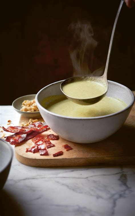 Brussels Sprout Soup With Candied Bacon And Roasted Hazelnuts Recipe Candied Bacon How To