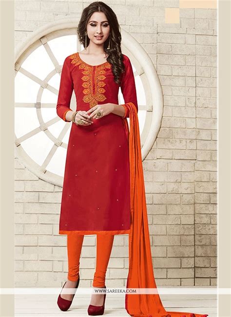 Be Prepared To Slip In The Comfort Zone Of Red Cotton Churidar Suit