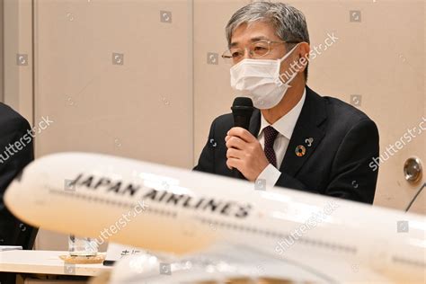 Jal President Yuji Akasaka Announcing Financial Editorial Stock Photo