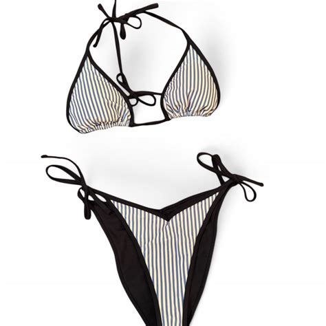 Black And White Striped Bikini Set With Adjustable Depop