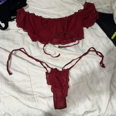 Red Lingerie Set Mesh Sheer Depop