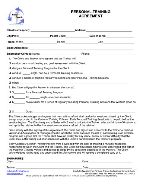 personal trainer contract agreement  printable documents