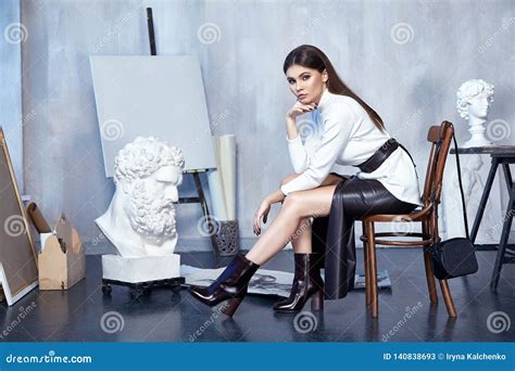 Beautiful Brunette Woman Wear Casual Fashion Style Clothes Pretty Face White Pullover Long