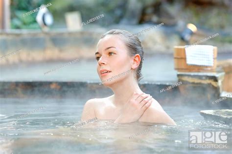 Caucasian Woman Bathing At Traditional Hot Spring Tokyo Japan Stock Photo Picture And Rights