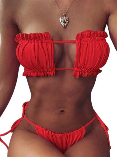 Bowanadacles Women S Removable Bandeau Bikini Set Strap Wrap Pad High Cut Swimsuit Walmart