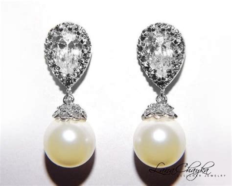 Ivory Pearl Bridal Earrings Swarovski Mm Pearl Drop Cz Earrings