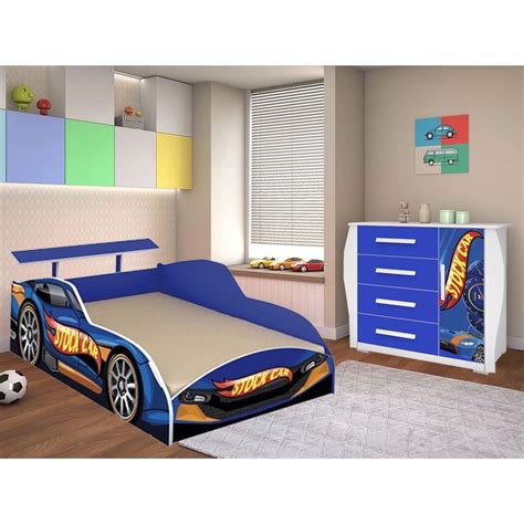 Cama Solteiro Comoda Stock Car Hot Wheels Azul MadeiraMadeira