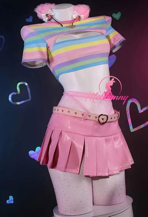 Mobbunny Women Rainbow Sexy Lingerie Set Kawaii Chest Open Sexy Mini Bodycon Dress With Waist