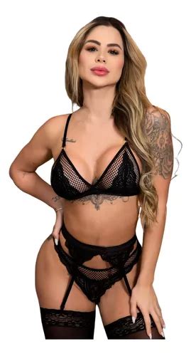 Lingerie Sensual Cinta Liga Conjunto Renda Feminina Meia Frete Gr Tis