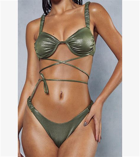 Buy Misspap Metallic Ruched Strappy Cross Bikini Set In Khaki Thstreet Qatar