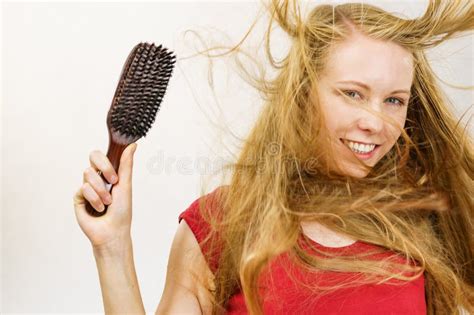 Blonde Girl Long Blowing Hair Holds Natural Bristles Brush Stock Photo Image Of Care Brushing