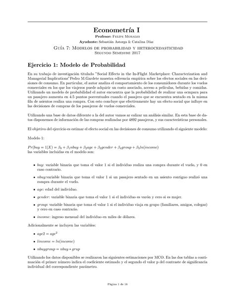 Gu A Modelos De Probabilidad Econometr A I Profesor Felipe