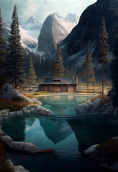 Hot Springs Surrounded By Mountains And Forests AI Generated Stock Illustration Illustration