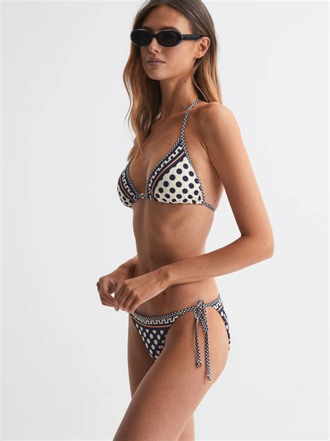 Printed Halter Neck Triangle Bikini Top In Navy White Reiss