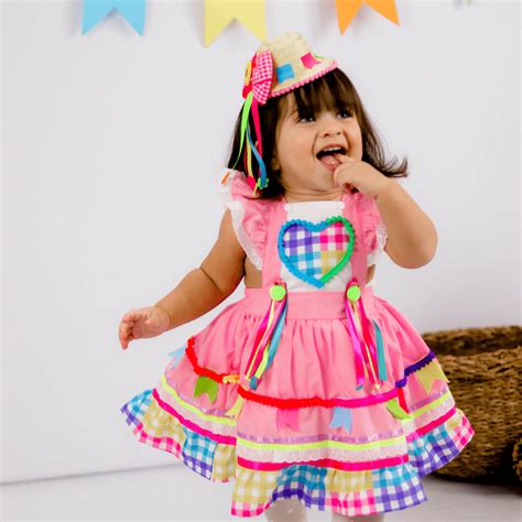 Vestido Junino Para Bebe - Vestido Caipira Junino Rosa Xadrez Infantil - SACOLA DO BEBÊ