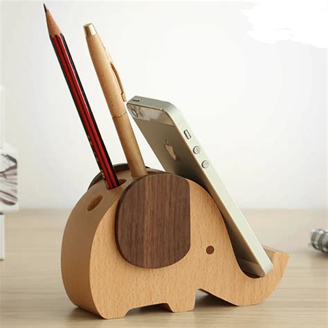 Multi Functional Beech Wooden Elephant Animal Phone Holder With Pen