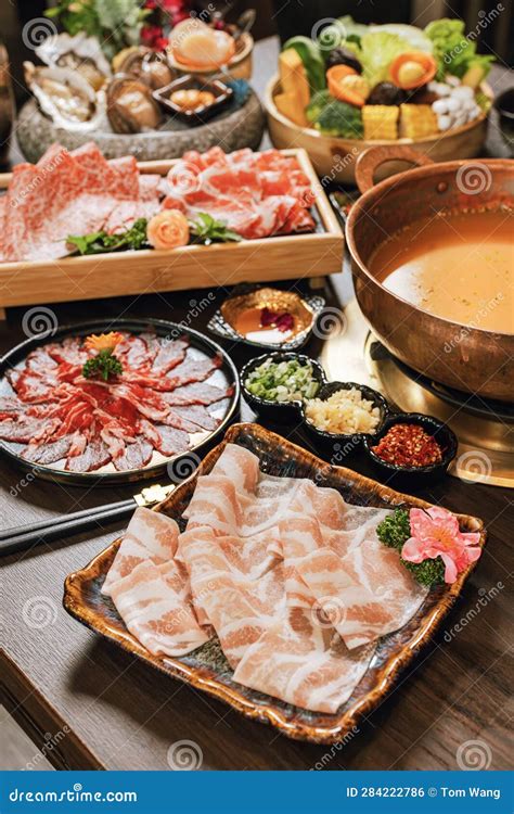 Seafood Cuisine Plate And Beef Sliced Meat For Hot Pots Pork Slices Scallops Stock Photo